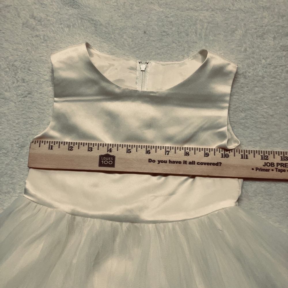 Girls White Satin Tulle Dress SZ 4 Blue Petals Sleeveless Zip Flower Girl Party - Picture 9 of 11